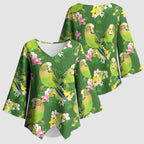 Australia Budgerigars Parakeets Kimono Sleeve Blouse Green And Yellow Bird Seamless Orchids Flowers