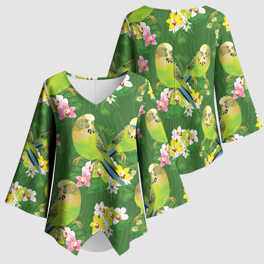 Australia Budgerigars Parakeets Kimono Sleeve Blouse Green And Yellow Bird Seamless Orchids Flowers