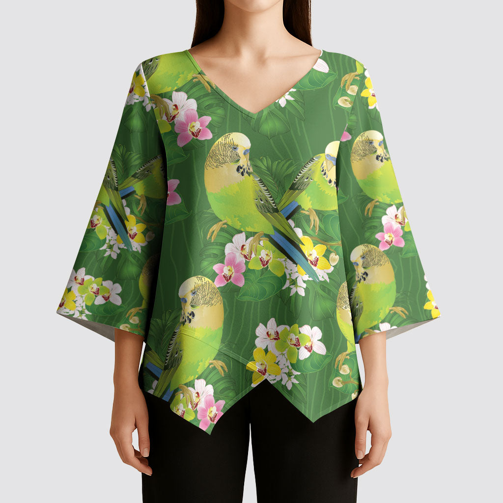 Australia Budgerigars Parakeets Kimono Sleeve Blouse Green And Yellow Bird Seamless Orchids Flowers