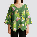 Australia Budgerigars Parakeets Kimono Sleeve Blouse Green And Yellow Bird Seamless Orchids Flowers
