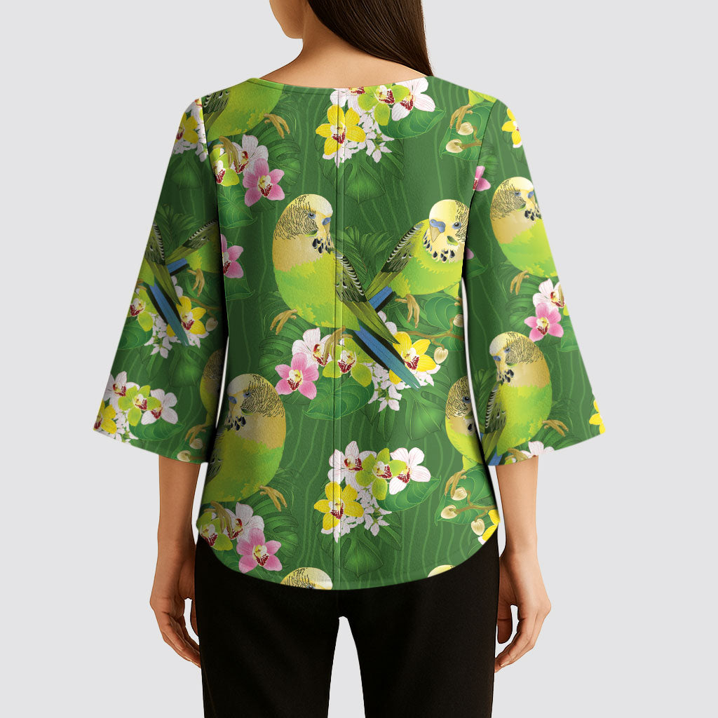 Australia Budgerigars Parakeets Kimono Sleeve Blouse Green And Yellow Bird Seamless Orchids Flowers