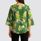 Australia Budgerigars Parakeets Kimono Sleeve Blouse Green And Yellow Bird Seamless Orchids Flowers