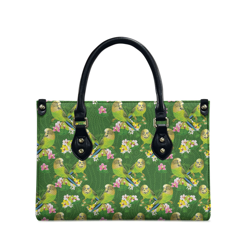 Australia Budgerigars Parakeets Leather Bag Green And Yellow Bird Seamless Orchids Flowers