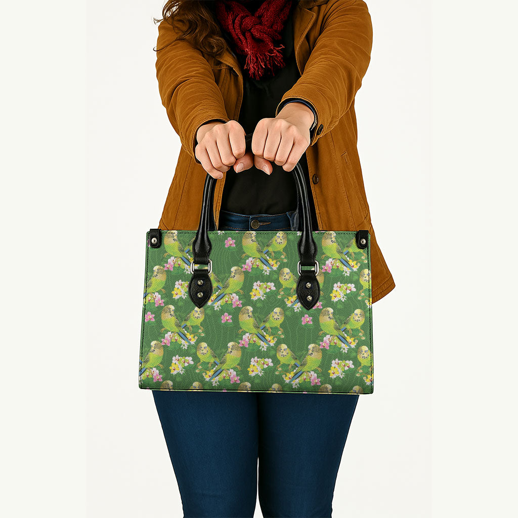 Australia Budgerigars Parakeets Leather Bag Green And Yellow Bird Seamless Orchids Flowers