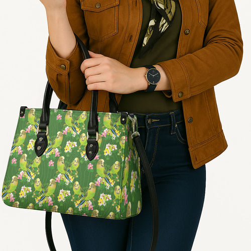 Australia Budgerigars Parakeets Leather Bag Green And Yellow Bird Seamless Orchids Flowers