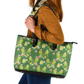 Australia Budgerigars Parakeets Leather Tote Bag Green And Yellow Bird Seamless Orchids Flowers