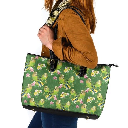 Australia Budgerigars Parakeets Leather Tote Bag Green And Yellow Bird Seamless Orchids Flowers