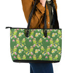 Australia Budgerigars Parakeets Leather Tote Bag Green And Yellow Bird Seamless Orchids Flowers