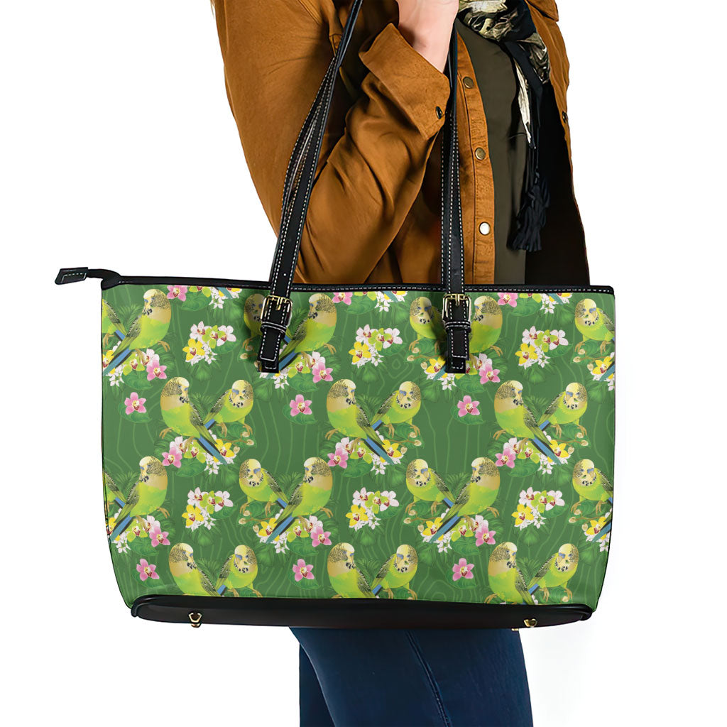 Australia Budgerigars Parakeets Leather Tote Bag Green And Yellow Bird Seamless Orchids Flowers