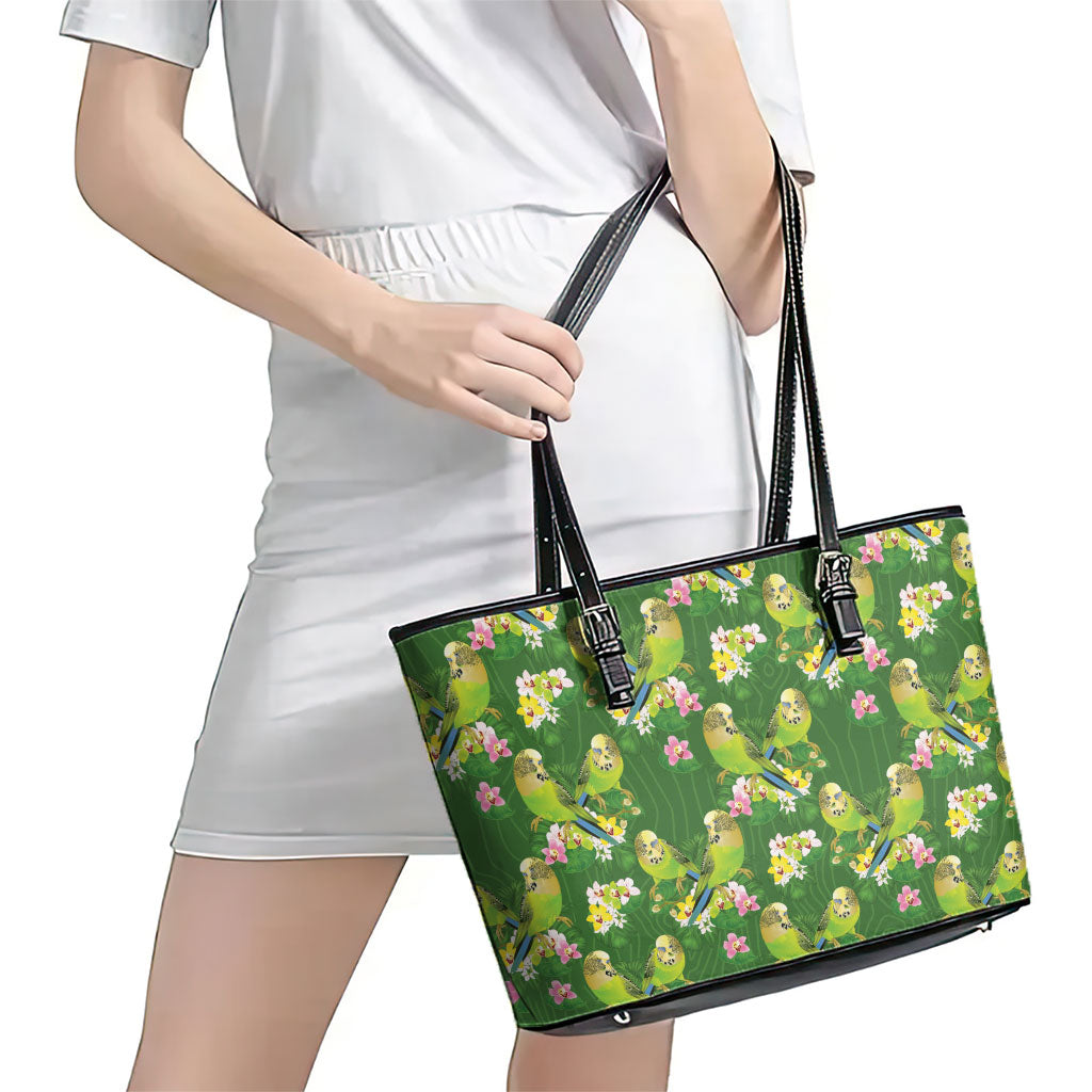Australia Budgerigars Parakeets Leather Tote Bag Green And Yellow Bird Seamless Orchids Flowers