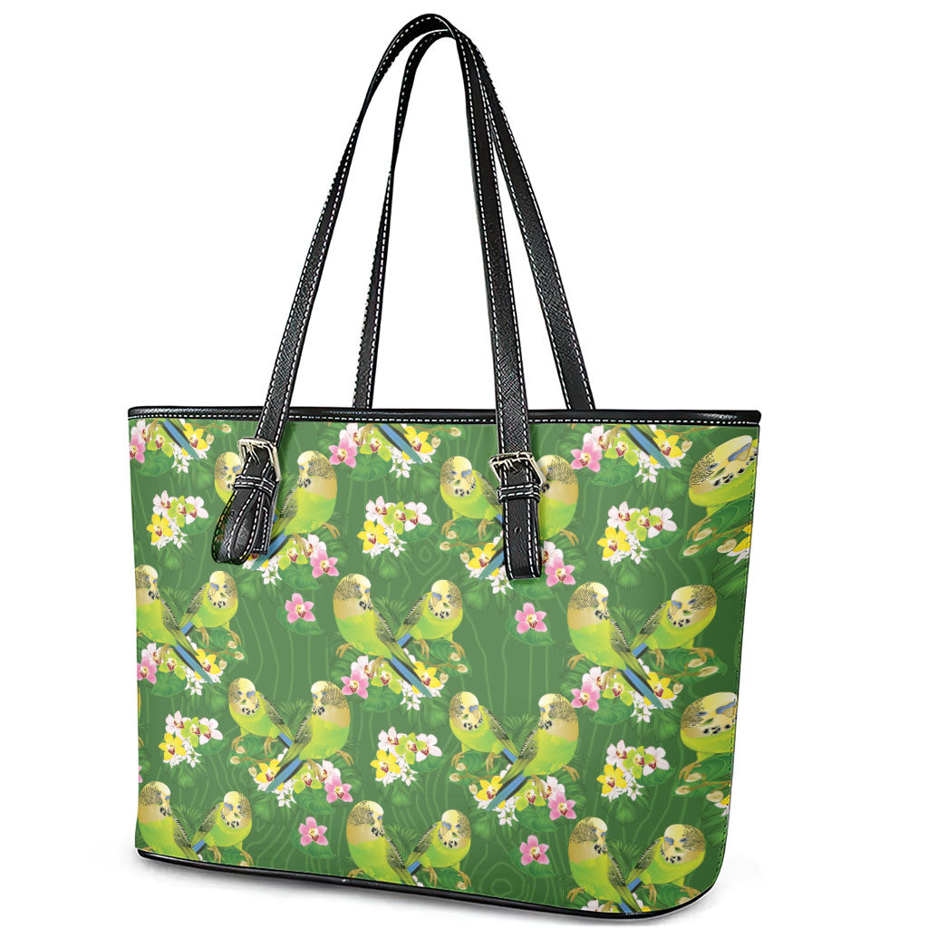 Australia Budgerigars Parakeets Leather Tote Bag Green And Yellow Bird Seamless Orchids Flowers