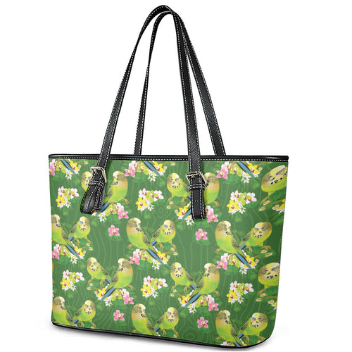 Australia Budgerigars Parakeets Leather Tote Bag Green And Yellow Bird Seamless Orchids Flowers