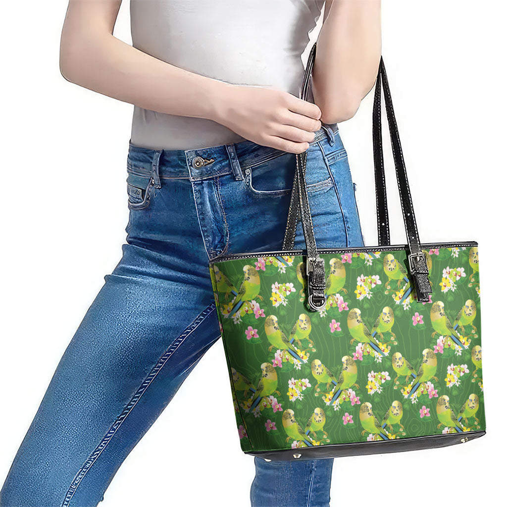 Australia Budgerigars Parakeets Leather Tote Bag Green And Yellow Bird Seamless Orchids Flowers