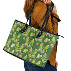 Australia Budgerigars Parakeets Leather Tote Bag Green And Yellow Bird Seamless Orchids Flowers
