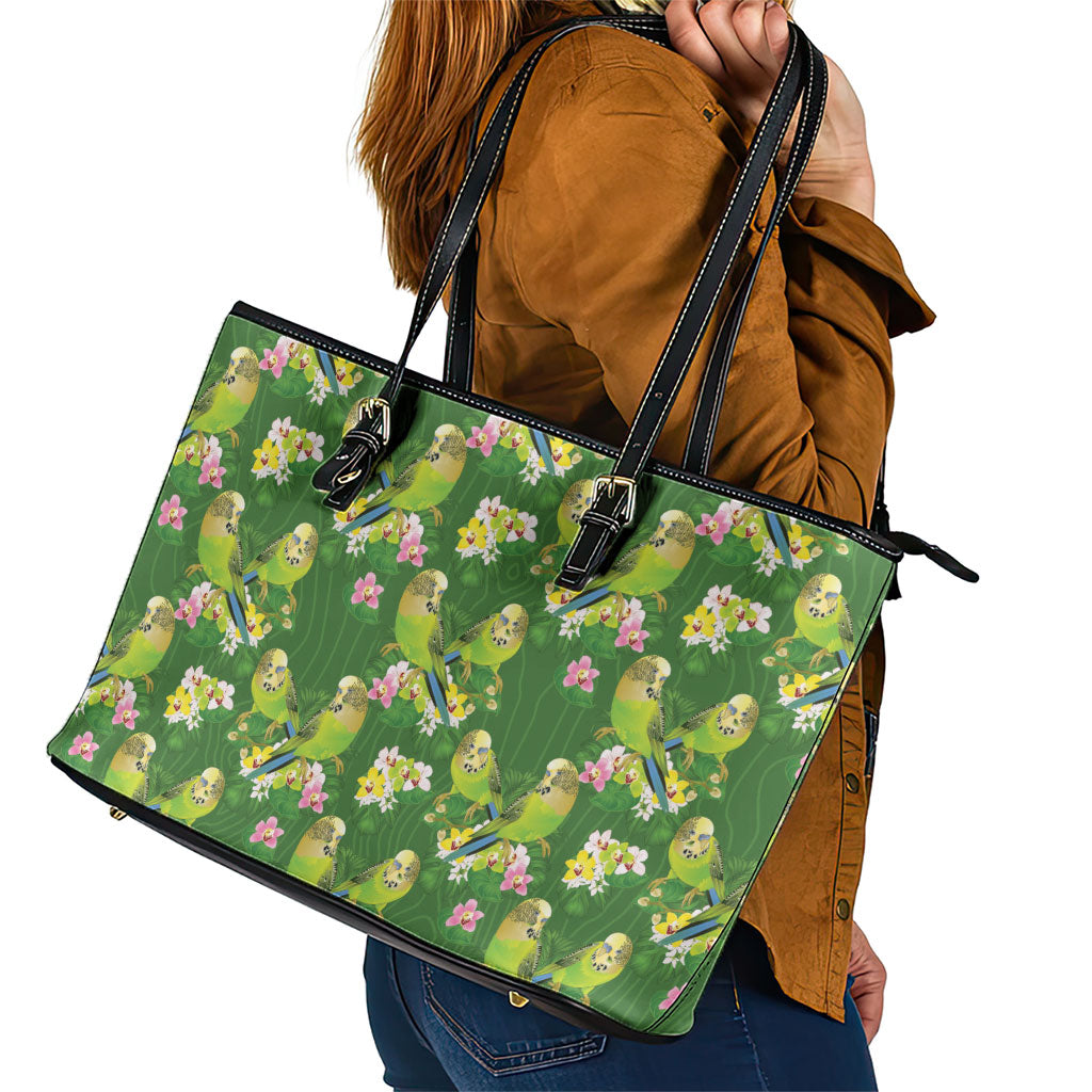 Australia Budgerigars Parakeets Leather Tote Bag Green And Yellow Bird Seamless Orchids Flowers
