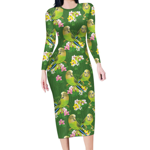 Australia Budgerigars Parakeets Long Sleeve Bodycon Dress Green And Yellow Bird Seamless Orchids Flowers
