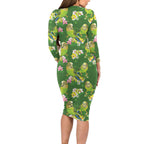 Australia Budgerigars Parakeets Long Sleeve Bodycon Dress Green And Yellow Bird Seamless Orchids Flowers
