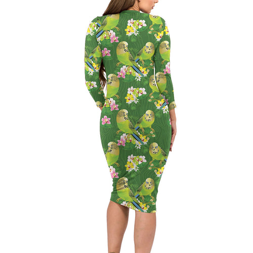 Australia Budgerigars Parakeets Long Sleeve Bodycon Dress Green And Yellow Bird Seamless Orchids Flowers