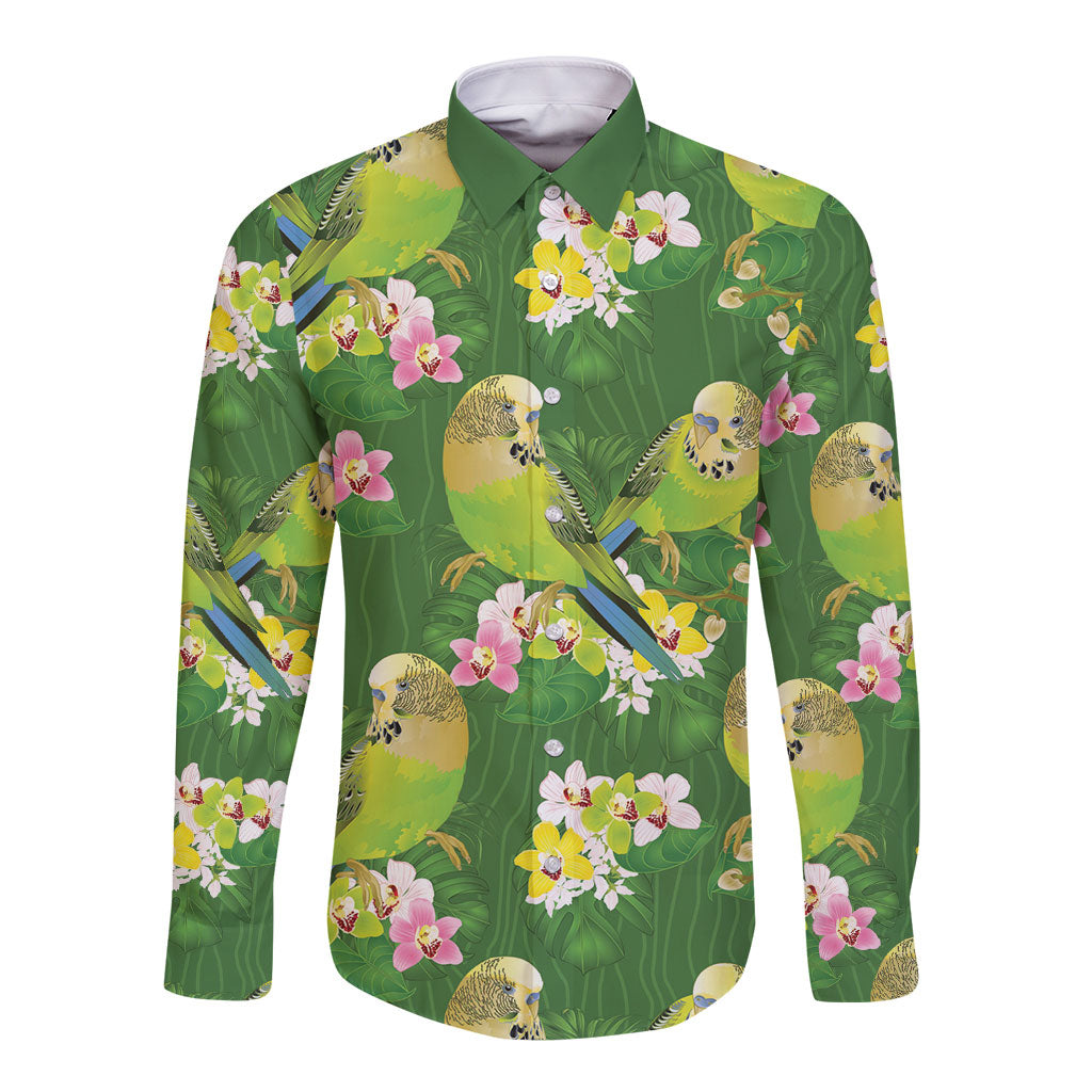 Australia Budgerigars Parakeets Long Sleeve Button Shirt Green And Yellow Bird Seamless Orchids Flowers