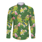 Australia Budgerigars Parakeets Long Sleeve Button Shirt Green And Yellow Bird Seamless Orchids Flowers