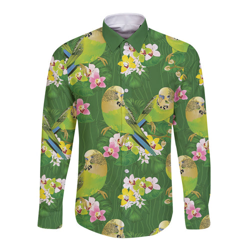 Australia Budgerigars Parakeets Long Sleeve Button Shirt Green And Yellow Bird Seamless Orchids Flowers