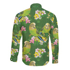 Australia Budgerigars Parakeets Long Sleeve Button Shirt Green And Yellow Bird Seamless Orchids Flowers