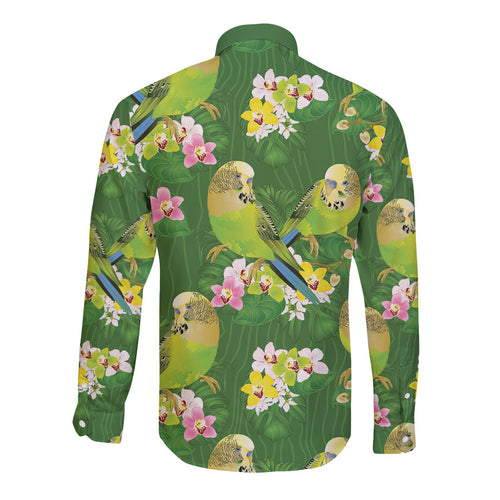 Australia Budgerigars Parakeets Long Sleeve Button Shirt Green And Yellow Bird Seamless Orchids Flowers