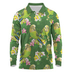 Australia Budgerigars Parakeets Long Sleeve Polo Shirt Green And Yellow Bird Seamless Orchids Flowers