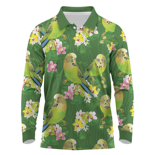 Australia Budgerigars Parakeets Long Sleeve Polo Shirt Green And Yellow Bird Seamless Orchids Flowers