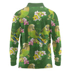 Australia Budgerigars Parakeets Long Sleeve Polo Shirt Green And Yellow Bird Seamless Orchids Flowers