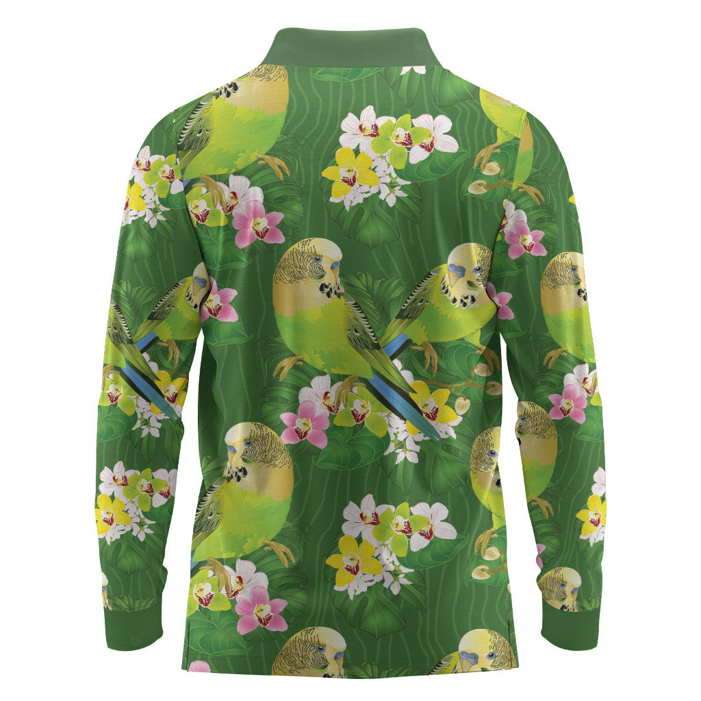 Australia Budgerigars Parakeets Long Sleeve Polo Shirt Green And Yellow Bird Seamless Orchids Flowers