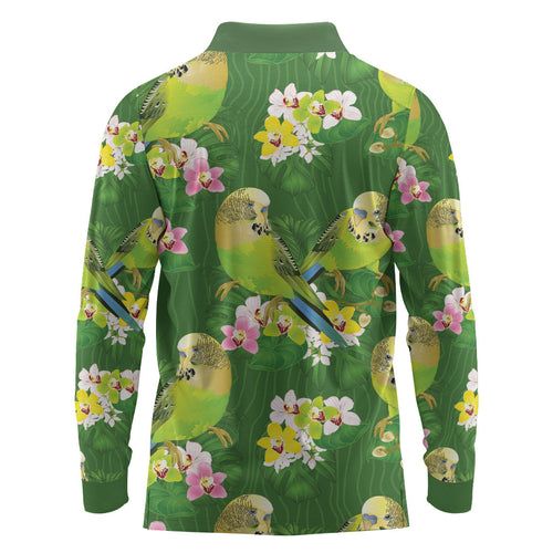 Australia Budgerigars Parakeets Long Sleeve Polo Shirt Green And Yellow Bird Seamless Orchids Flowers