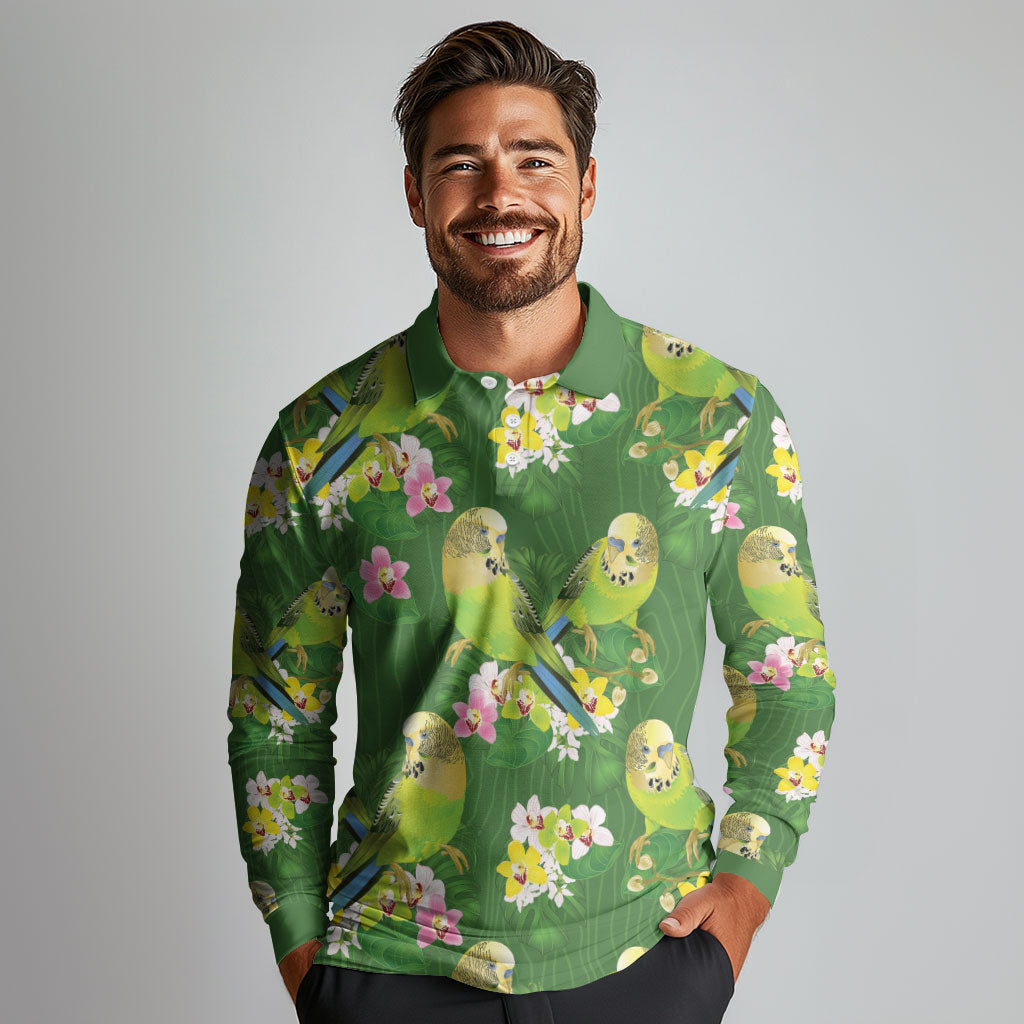 Australia Budgerigars Parakeets Long Sleeve Polo Shirt Green And Yellow Bird Seamless Orchids Flowers