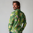 Australia Budgerigars Parakeets Long Sleeve Polo Shirt Green And Yellow Bird Seamless Orchids Flowers