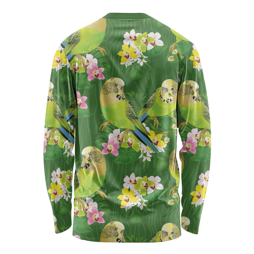 Australia Budgerigars Parakeets Long Sleeve Shirt Green And Yellow Bird Seamless Orchids Flowers
