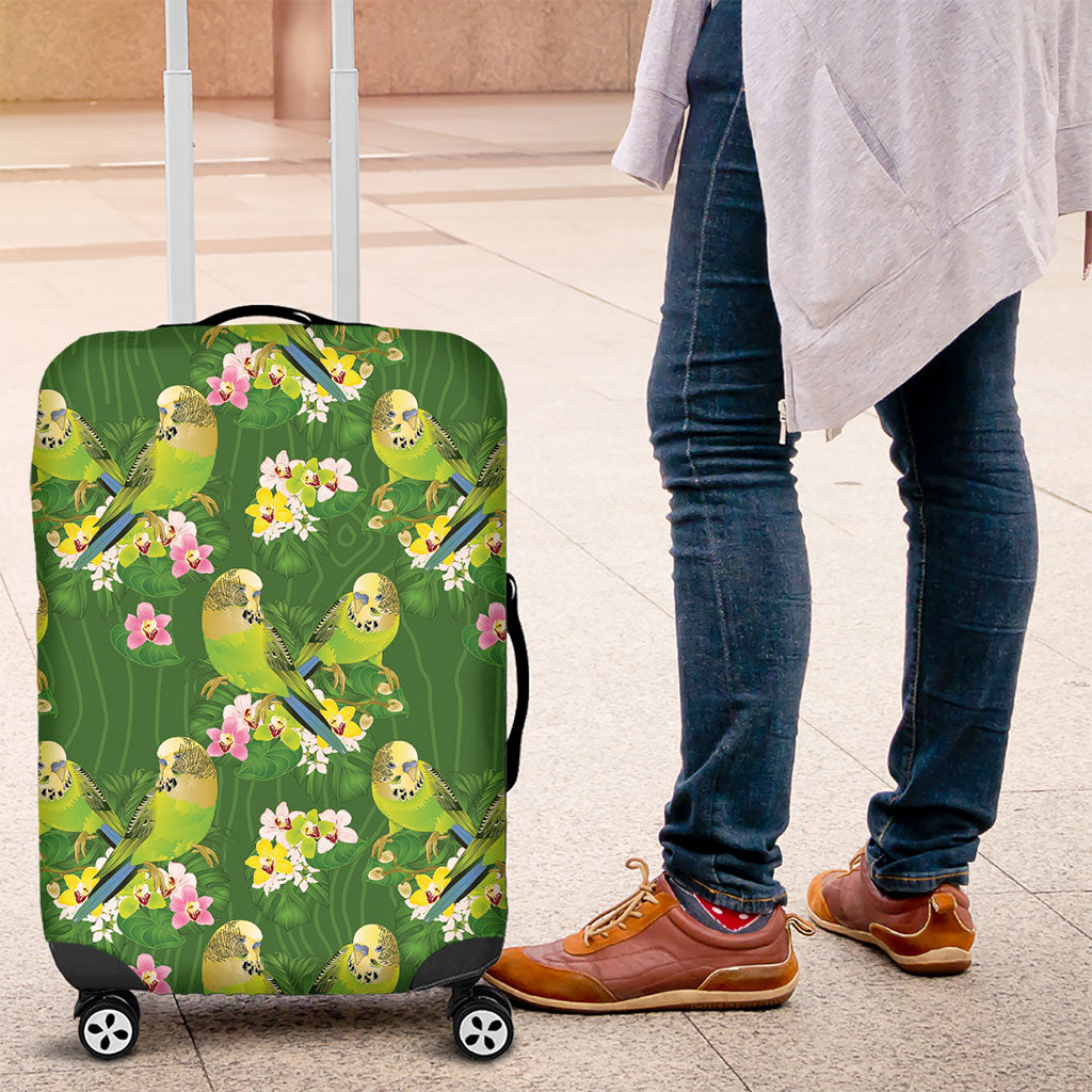 Australia Budgerigars Parakeets Luggage Cover Green And Yellow Bird Seamless Orchids Flowers