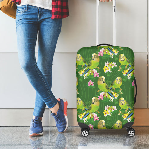 Australia Budgerigars Parakeets Luggage Cover Green And Yellow Bird Seamless Orchids Flowers