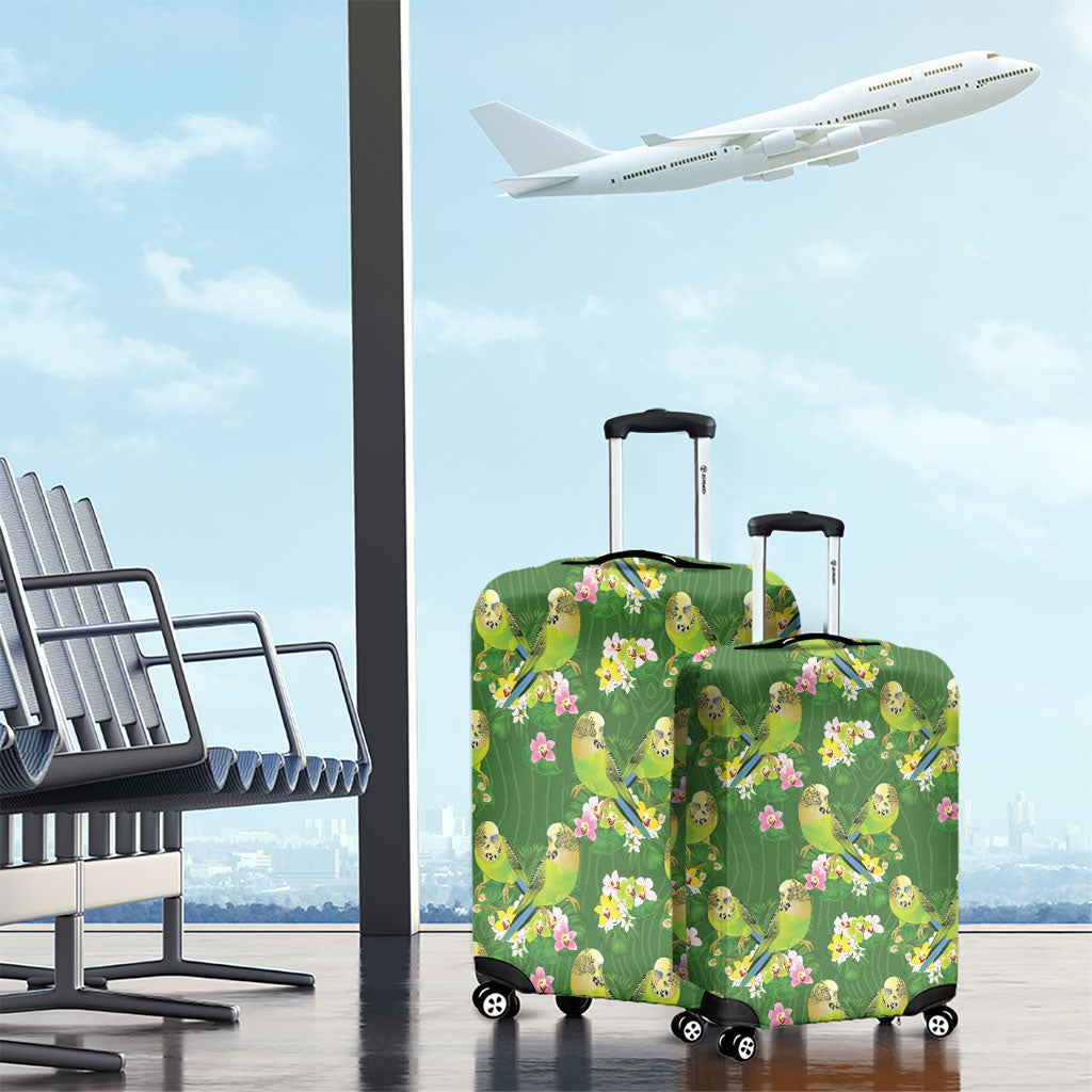 Australia Budgerigars Parakeets Luggage Cover Green And Yellow Bird Seamless Orchids Flowers