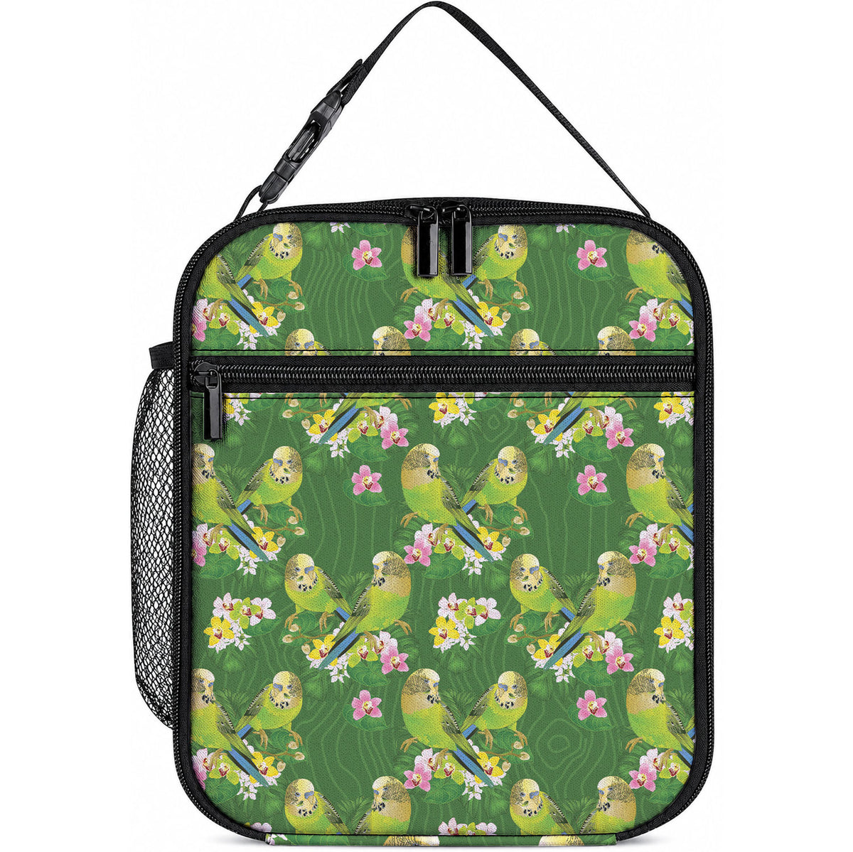 Australia Budgerigars Parakeets Lunch Bag Green And Yellow Bird Seamless Orchids Flowers