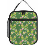 Australia Budgerigars Parakeets Lunch Bag Green And Yellow Bird Seamless Orchids Flowers