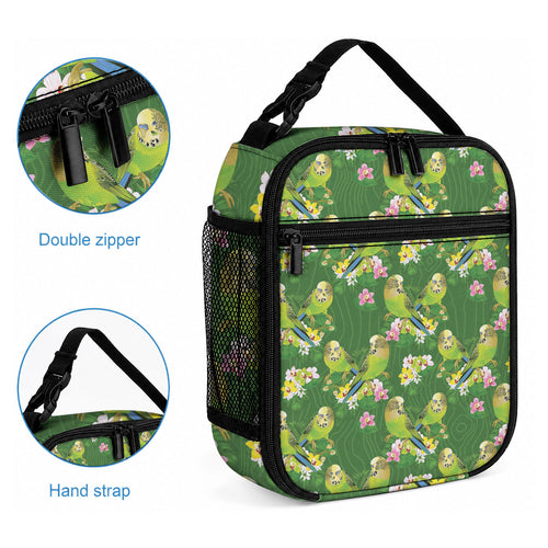 Australia Budgerigars Parakeets Lunch Bag Green And Yellow Bird Seamless Orchids Flowers