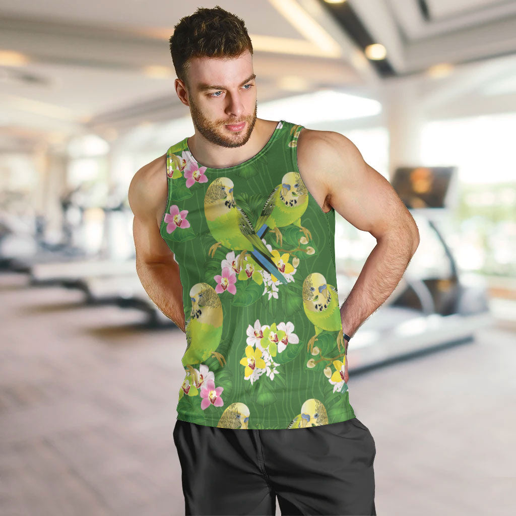 Australia Budgerigars Parakeets Men Tank Top Green And Yellow Bird Seamless Orchids Flowers
