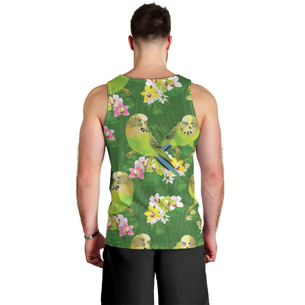 Australia Budgerigars Parakeets Men Tank Top Green And Yellow Bird Seamless Orchids Flowers