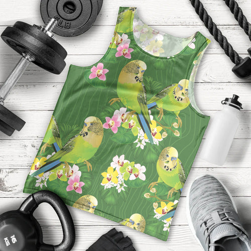 Australia Budgerigars Parakeets Men Tank Top Green And Yellow Bird Seamless Orchids Flowers
