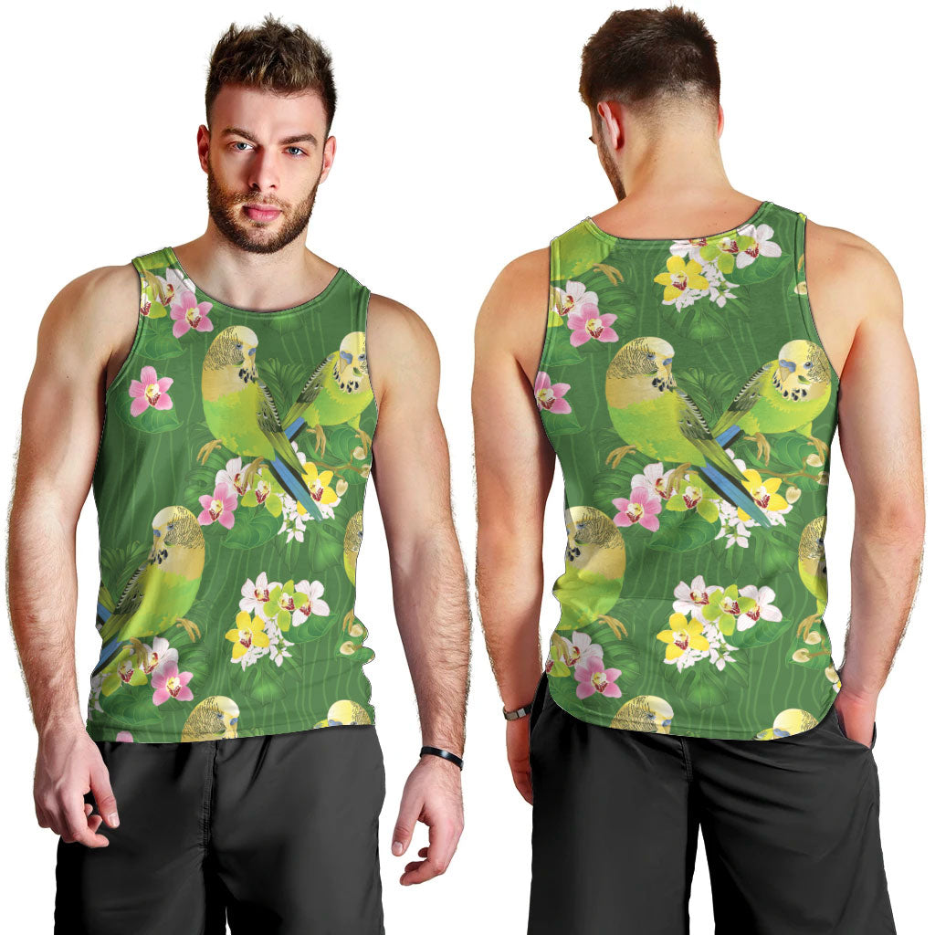 Australia Budgerigars Parakeets Men Tank Top Green And Yellow Bird Seamless Orchids Flowers