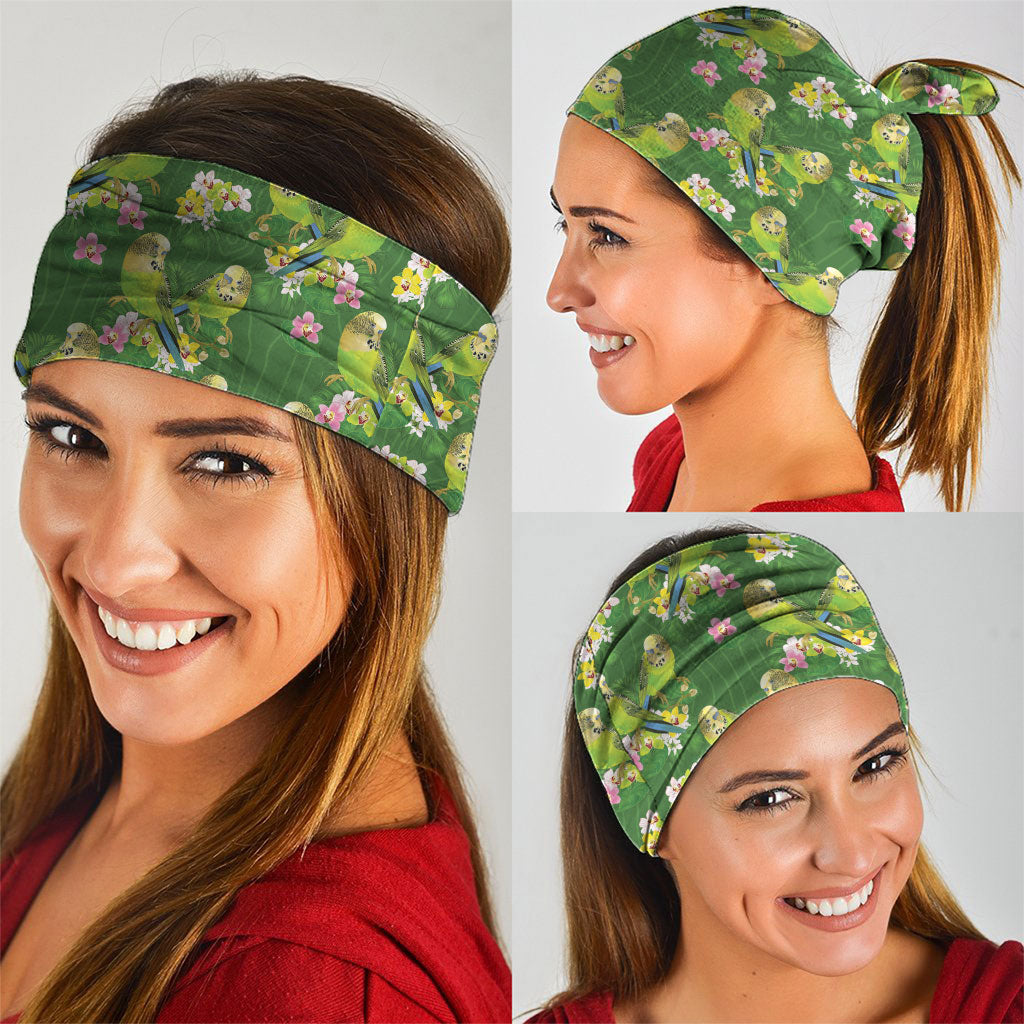 Australia Budgerigars Parakeets Neck Gaiter Green And Yellow Bird Seamless Orchids Flowers