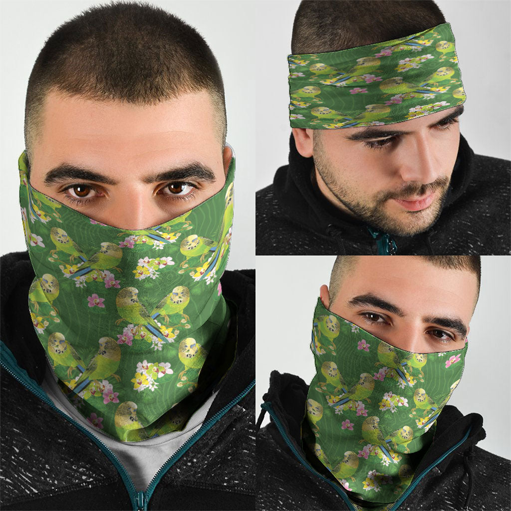 Australia Budgerigars Parakeets Neck Gaiter Green And Yellow Bird Seamless Orchids Flowers