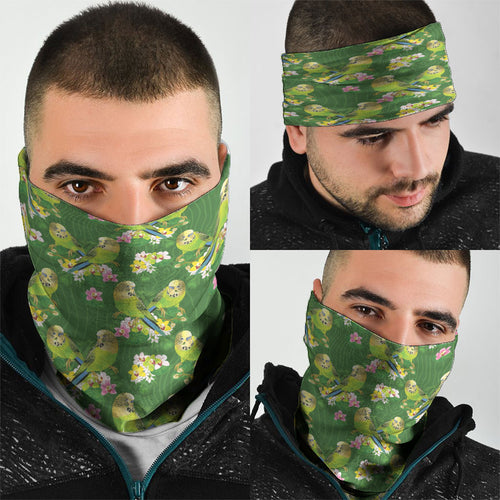 Australia Budgerigars Parakeets Neck Gaiter Green And Yellow Bird Seamless Orchids Flowers