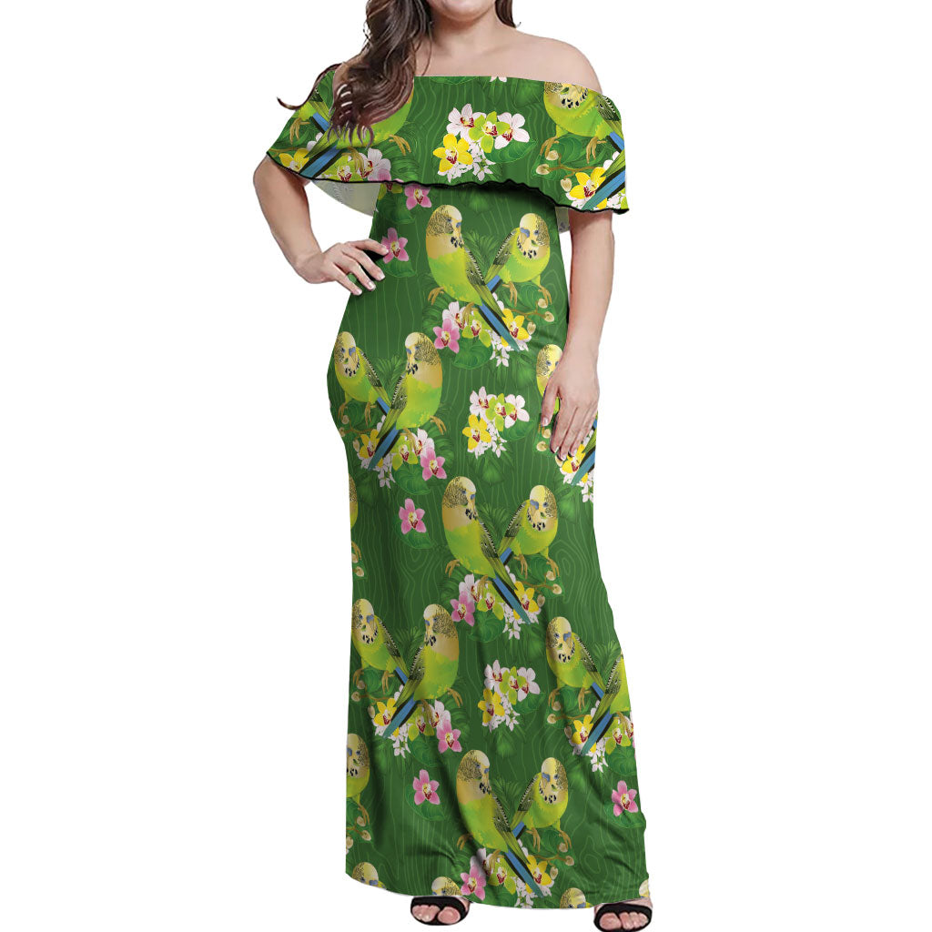 Australia Budgerigars Parakeets Off Shoulder Maxi Dress Green And Yellow Bird Seamless Orchids Flowers