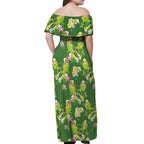 Australia Budgerigars Parakeets Off Shoulder Maxi Dress Green And Yellow Bird Seamless Orchids Flowers